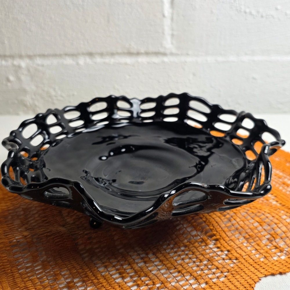 1930s Fenton Art Glass Black Amethyst Ruffled Bowl Basketweave Open Lace Rim
